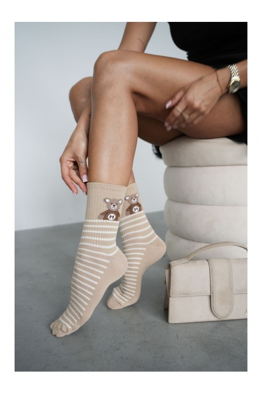 Calcetines para mujer con ositos y rayas en color arena