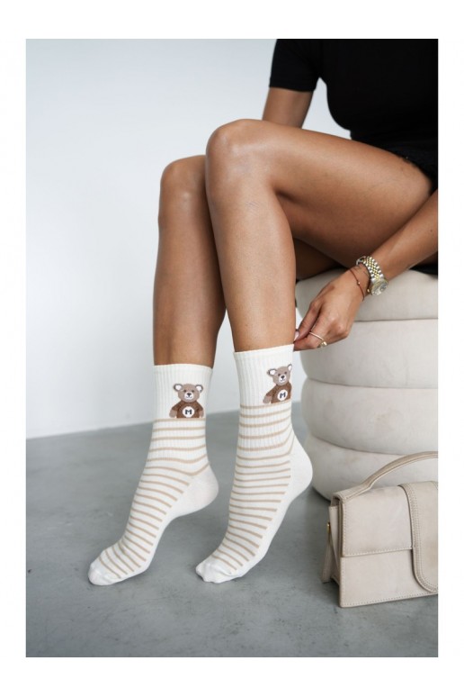 Calcetines para mujer con ositos y rayas en marfil