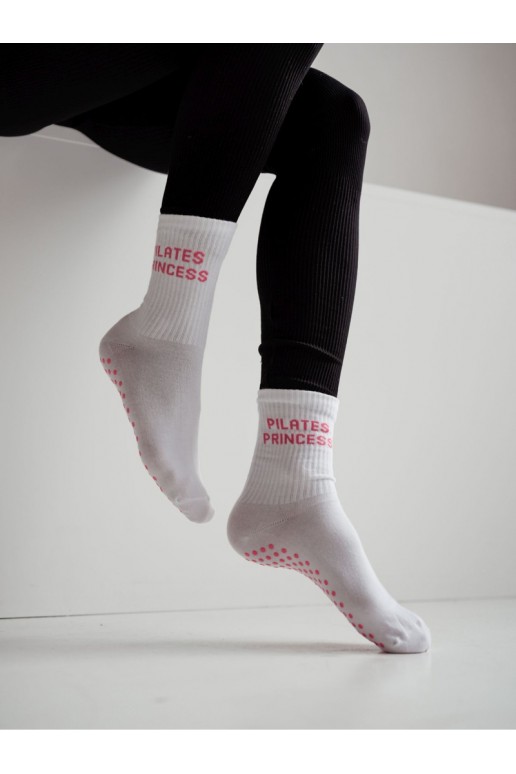 Calcetines antideslizantes para mujer PILATES PRINCESS blancos con dibujos rosas
