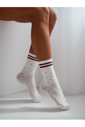 Calcetines de mujer con flores y rayas burdeos Ecu