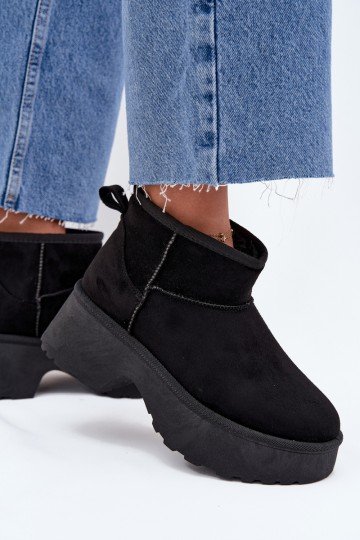 Botas de nieve bajas negras para mujer con aislamiento y piel en el interior