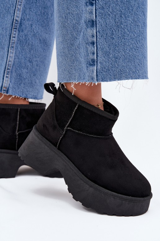 Botas de nieve bajas negras para mujer con aislamiento y piel en el interior
