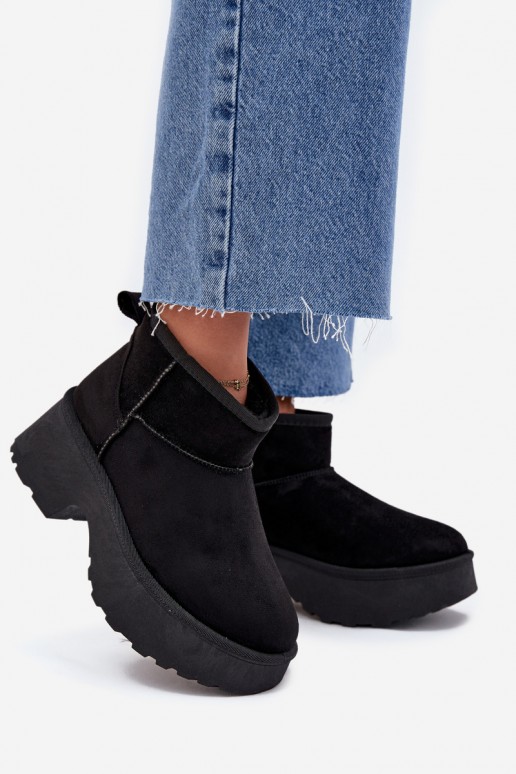 Botas de nieve bajas negras para mujer con aislamiento y piel en el interior