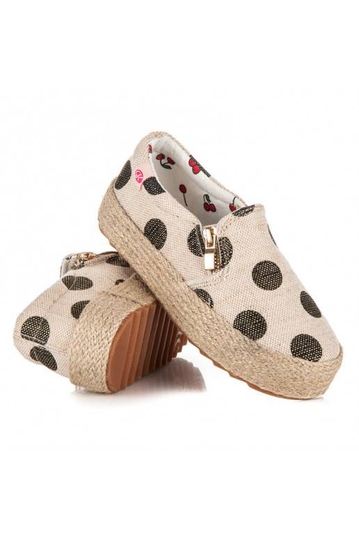 Zapatos de tela crema de moda para niños con cremallera decorativa y puntos negros K1645004NE