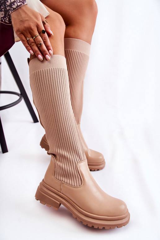 Botas tacón ancho rayas Allys beige