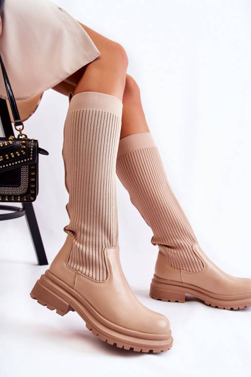 Botas tacón ancho rayas Allys beige