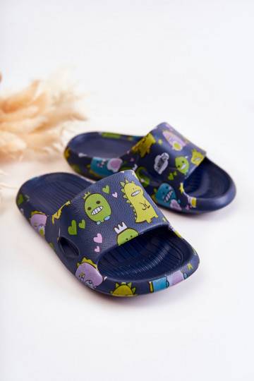 Pantuflas infantiles ligeras con juguetones dinosaurios en color azul oscuro Astro