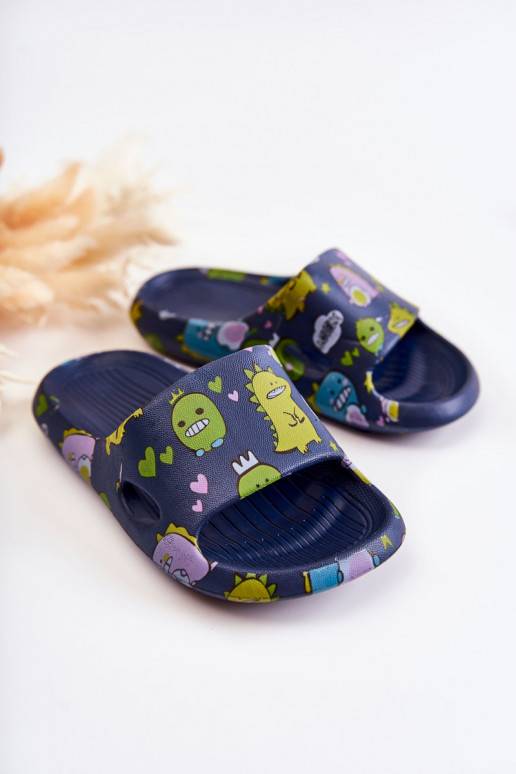 Pantuflas infantiles ligeras con juguetones dinosaurios en color azul oscuro Astro