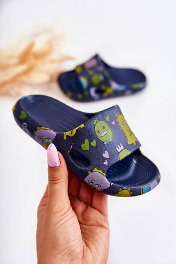 Pantuflas infantiles ligeras con juguetones dinosaurios en color azul oscuro Astro 2