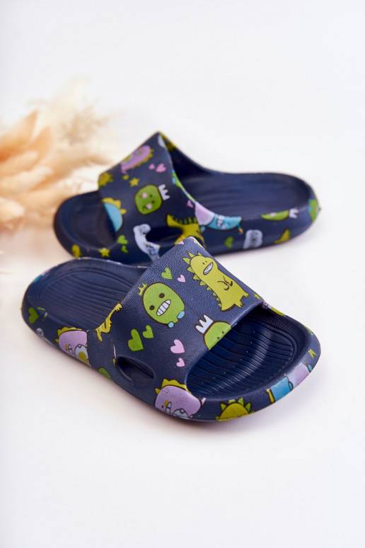 Pantuflas infantiles ligeras con juguetones dinosaurios en color azul oscuro Astro