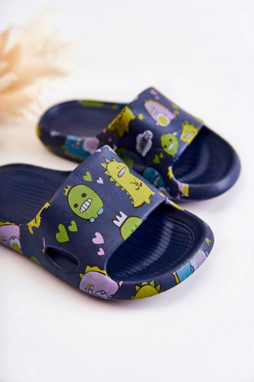 Pantuflas infantiles ligeras con juguetones dinosaurios en color azul oscuro Astro