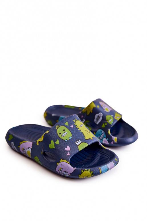 Pantuflas infantiles ligeras con juguetones dinosaurios en color azul oscuro Astro