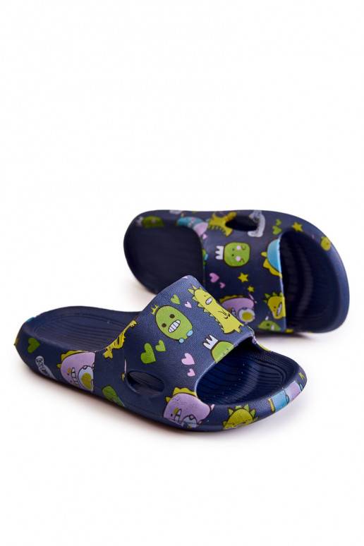 Pantuflas infantiles ligeras con juguetones dinosaurios en color azul oscuro Astro
