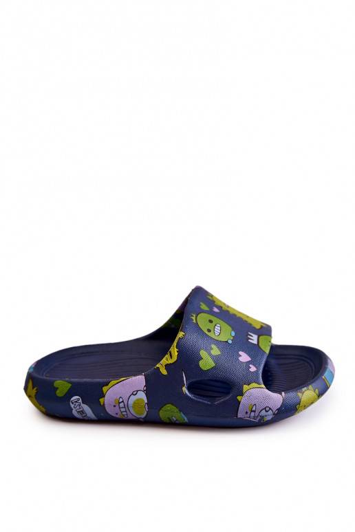 Pantuflas infantiles ligeras con juguetones dinosaurios en color azul oscuro Astro