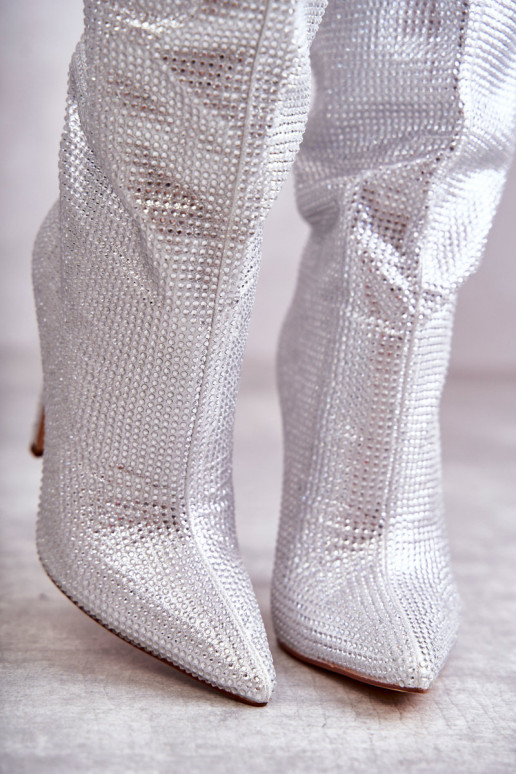 Botas largas con tacón fino color plata Lovisa