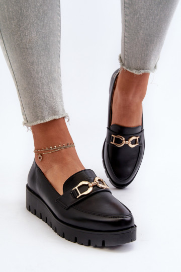 Mocasines de mujer con suela dorada con adornos en color negro Kaldina