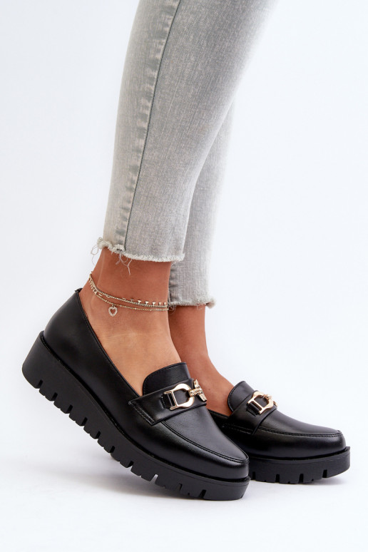 Mocasines de mujer con suela dorada con adornos en color negro Kaldina