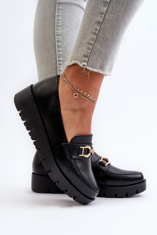 Mocasines de mujer con suela dorada con adornos en color negro Kaldina
