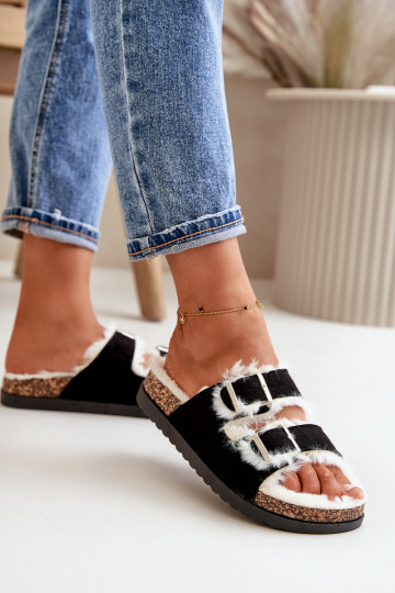Femenino Zapatillas Zapatillas con hebillas y un abrigo de piel de color negro Ezilena 2