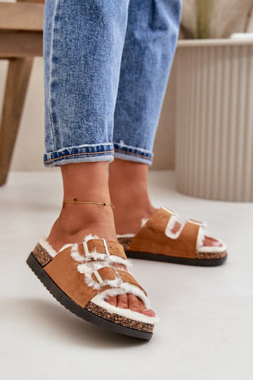 Femenino Zapatillas Zapatillas con hebillas y un abrigo de piel color marrón Ezilena 2