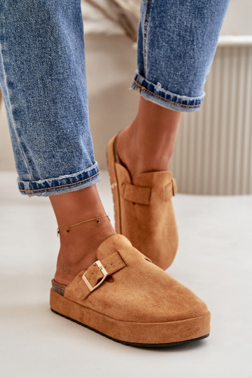 Femenino Zapatillas Zuecos con una plataforma con hebillas doradas color marrón Terilaina 2