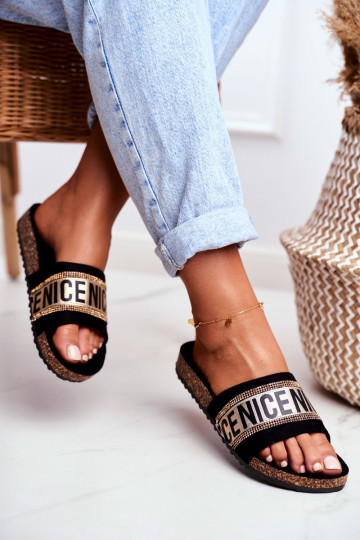 Pantuflas con ojales brillantes Negro y dorado Be Nice