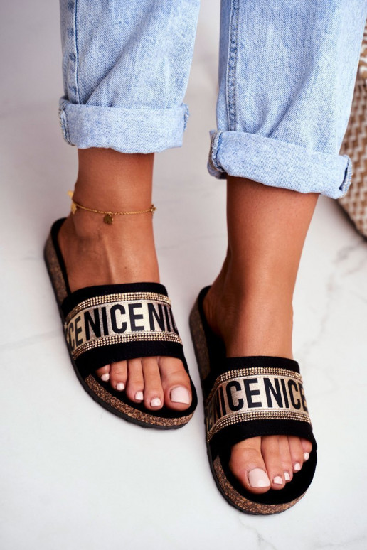 Pantuflas con ojales brillantes Negro y dorado Be Nice