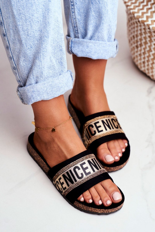 Pantuflas con ojales brillantes Negro y dorado Be Nice