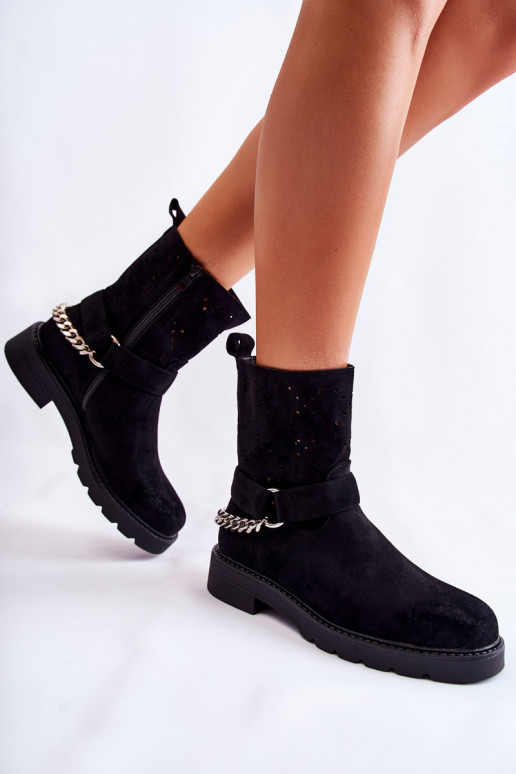 Botas caladas con cremalleras y cadenas en negro Chantelle