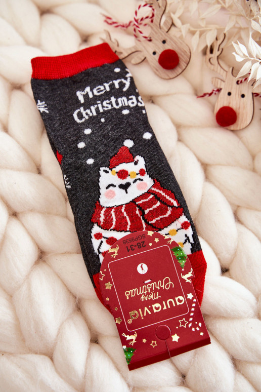 Calcetines infantiles "Feliz Navidad" color gris-rojo