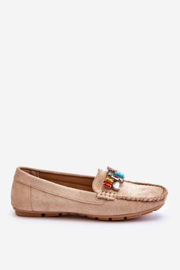 Mocasines elegantes de ante con ojales brillantes en beige Lucille