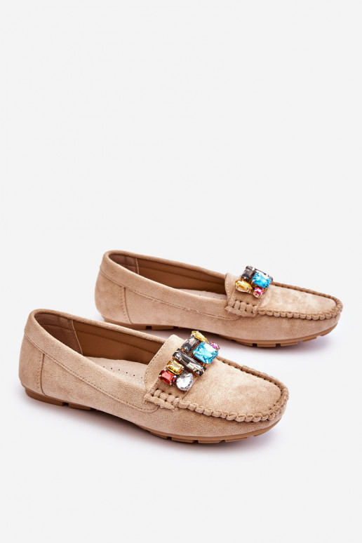 Mocasines elegantes de ante con ojales brillantes en beige Lucille