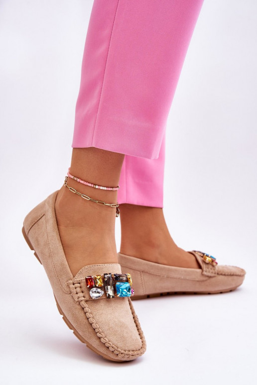 Mocasines elegantes de ante con ojales brillantes en beige Lucille
