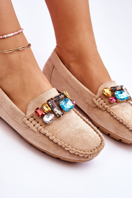 Mocasines elegantes de ante con ojales brillantes en beige Lucille