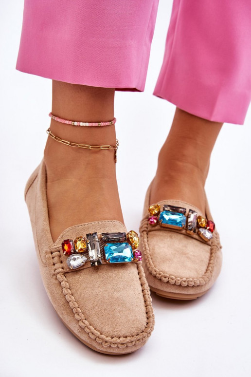 Mocasines elegantes de ante con ojales brillantes en beige Lucille