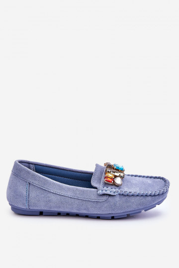 Mocasines elegantes de ante con ojales brillantes en azul Lucille