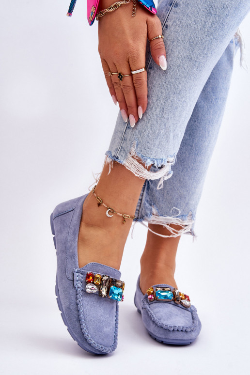 Mocasines elegantes de ante con ojales brillantes en azul Lucille