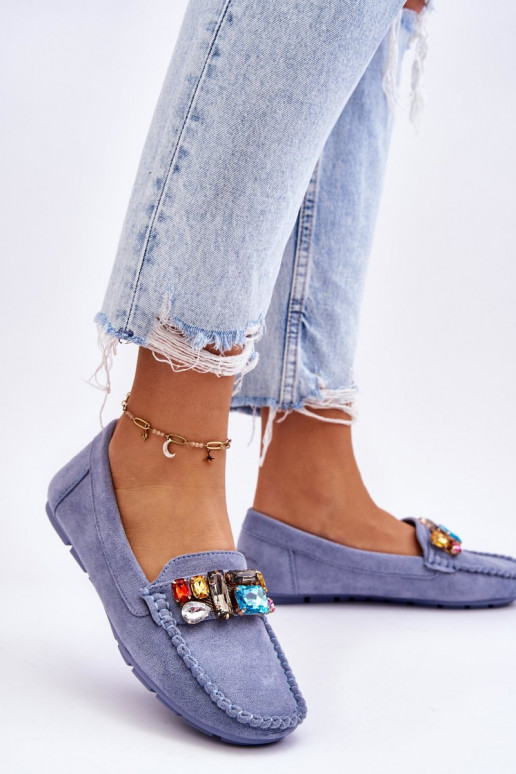 Mocasines elegantes de ante con ojales brillantes en azul Lucille