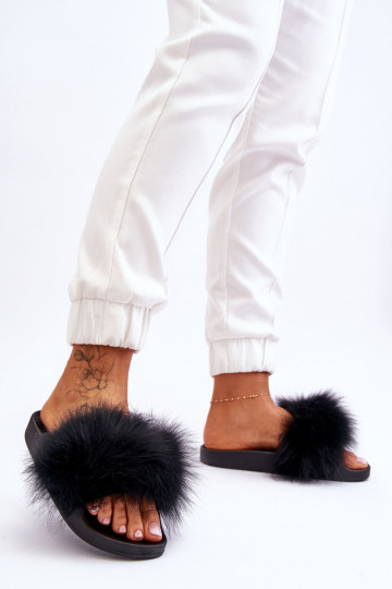 Pantuflas de goma con estilo con pelo en color negro Lucrece 2
