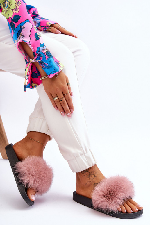 Pantuflas de goma con estilo con pelo en color rosa Lucrece Pantuflas de goma con estilo con pelo en color rosa Lucrece