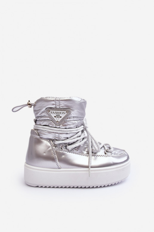 Botas de nieve para niños calentadas con cordones color plata Colina Botas de nieve para niños calentadas con cordones color plata Colina