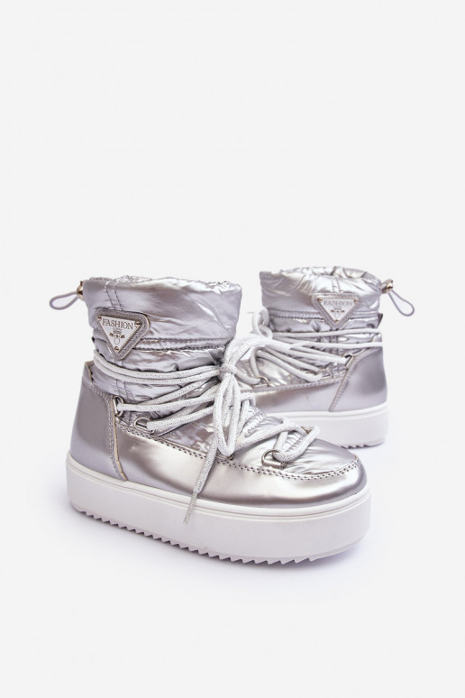 Botas de nieve para niños calentadas con cordones color plata Colina Botas de nieve para niños calentadas con cordones color plata Colina