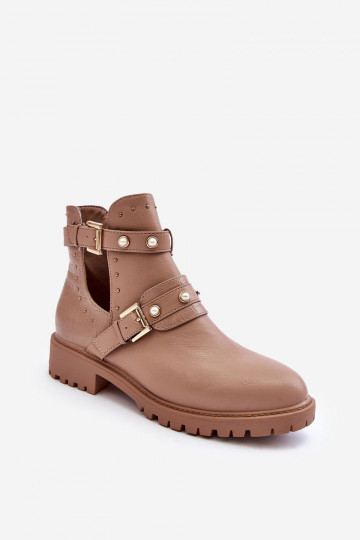 Botines de mujer con perlas artificiales en color beige Clarisa