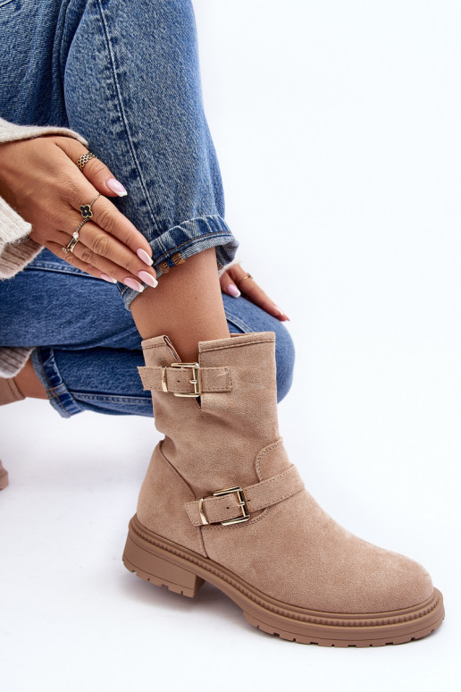 Botas con hebilla y tacón ancho de mujer Bliggore beige