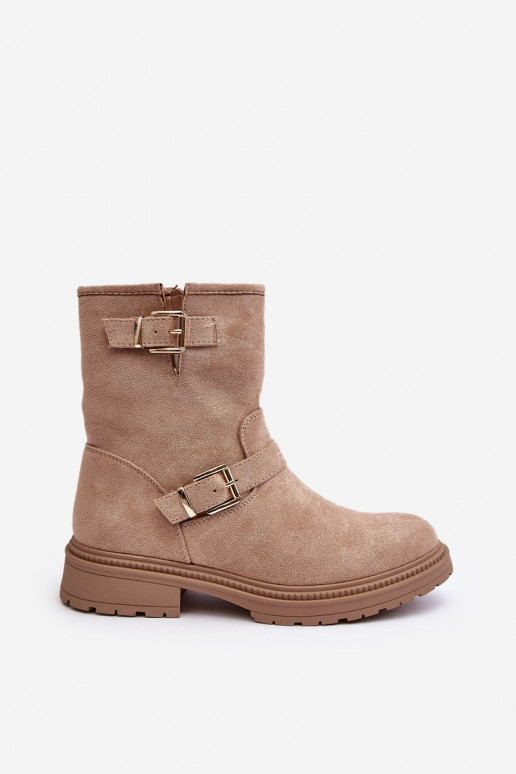 Botas con hebilla y tacón ancho de mujer Bliggore beige