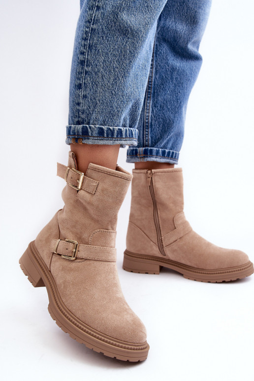 Botas con hebilla y tacón ancho de mujer Bliggore beige