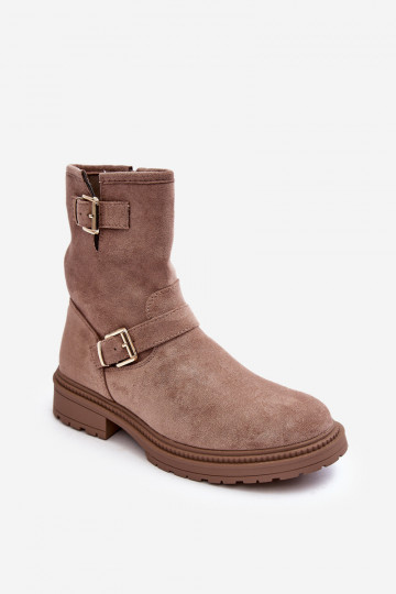 Botas con hebilla y tacón ancho de mujer Bliggore beige