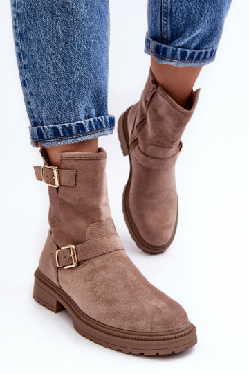 Botas con hebilla y tacón ancho de mujer Bliggore beige 2