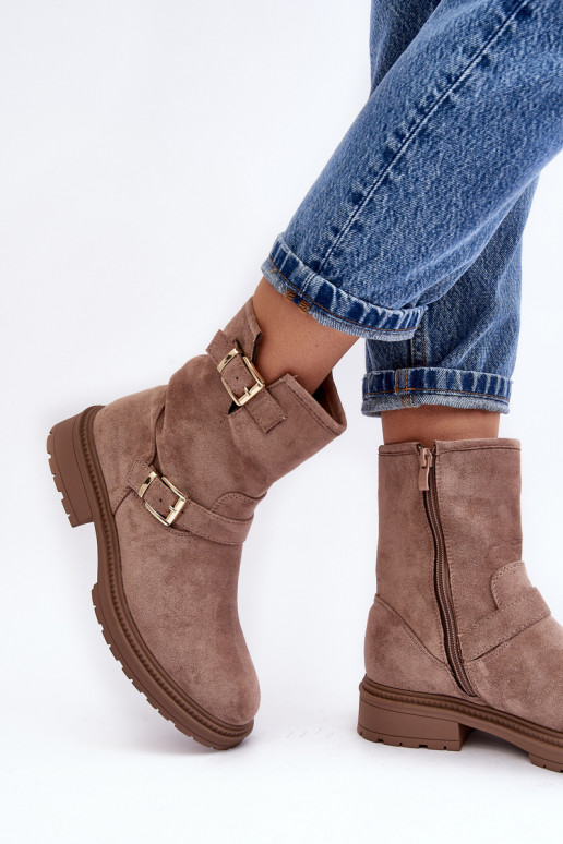 Botas con hebilla y tacón ancho de mujer Bliggore beige