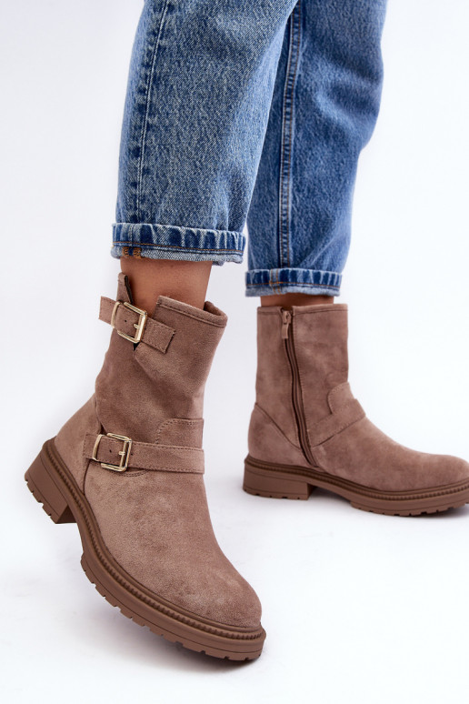 Botas con hebilla y tacón ancho de mujer Bliggore beige